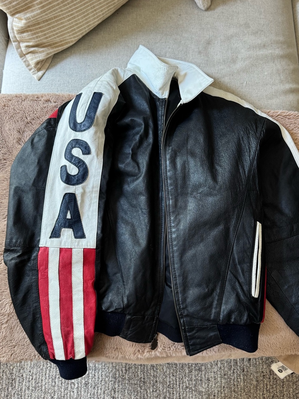 VINTAGE Black Leather Bomber Jacket with USA Sleeve and Red-White Stripes
